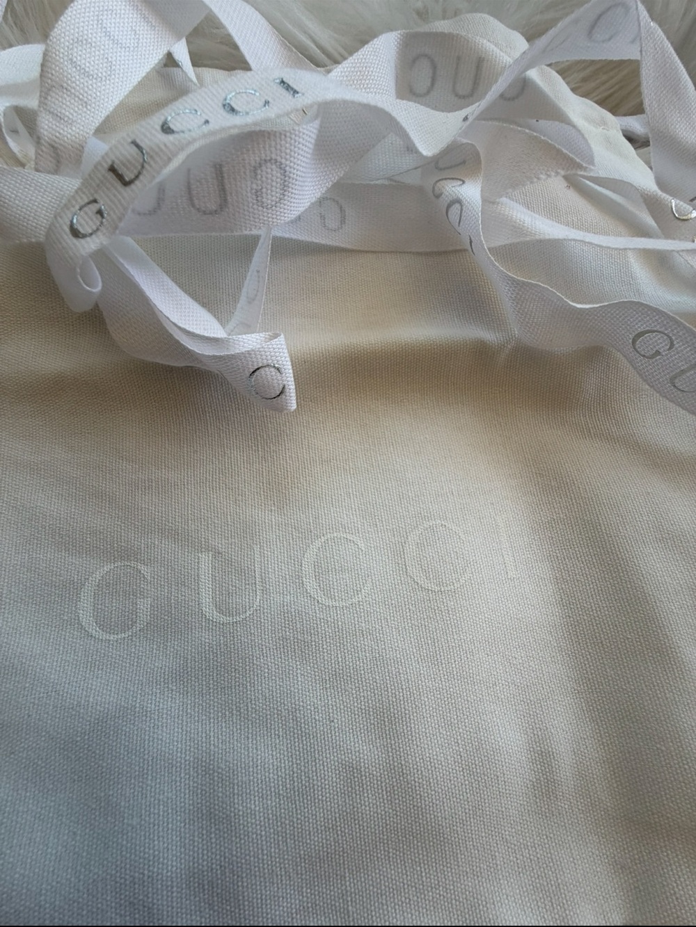 Gucci Cream Canvas Dust Bag with White Branded Ribbon